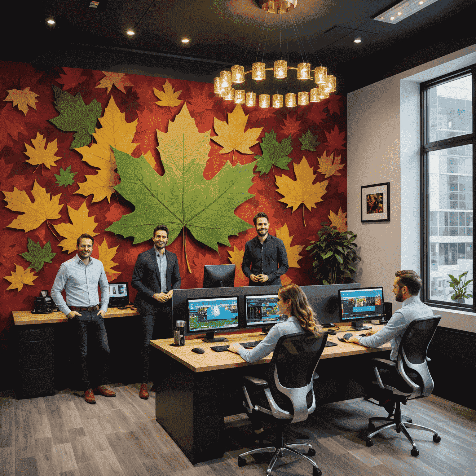 The GoldenJackpotPlays team in their Canadian office, a diverse group of professionals collaborating in a modern, eco-friendly workspace with maple leaf decorations and casino-themed artwork on the walls