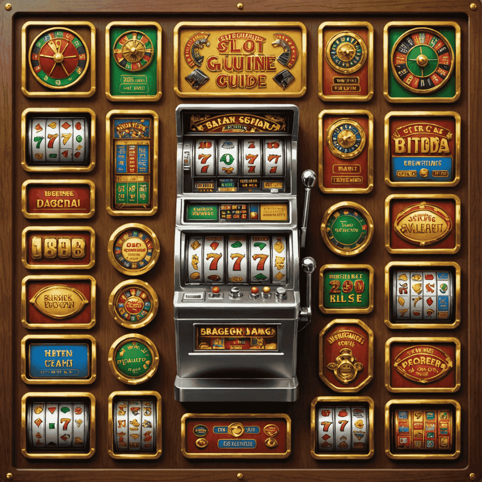 A collage of slot machine symbols with a beginner's guide overlay, showing simple diagrams of betting strategies and payout lines