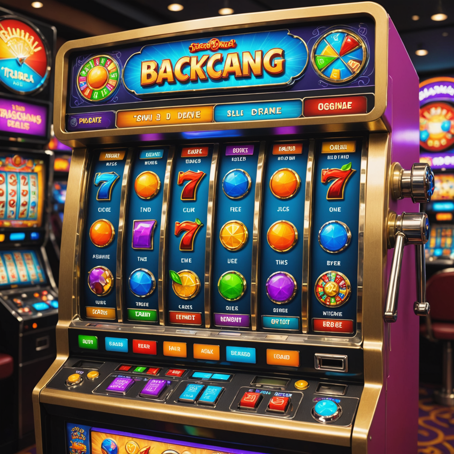 A colorful slot machine with various symbols and a hand pointing to different features, illustrating beginner-friendly strategies