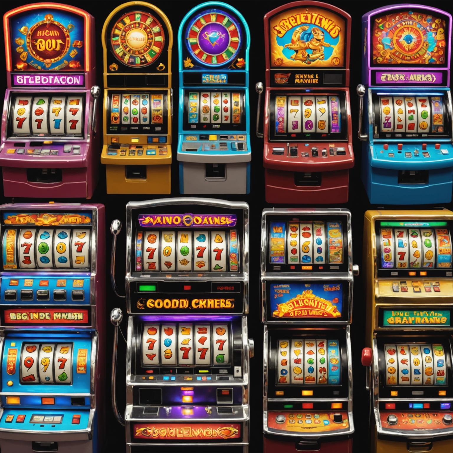 A collage of colorful slot machines with various symbols and a beginner player looking excited