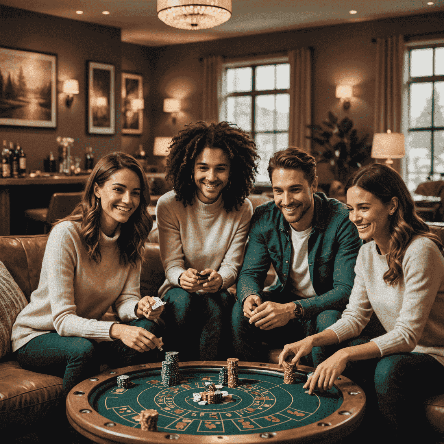 A diverse group of Canadians enjoying a social casino game on their devices, smiling and interacting in a cozy, modern living room setting with Canadian-inspired decor