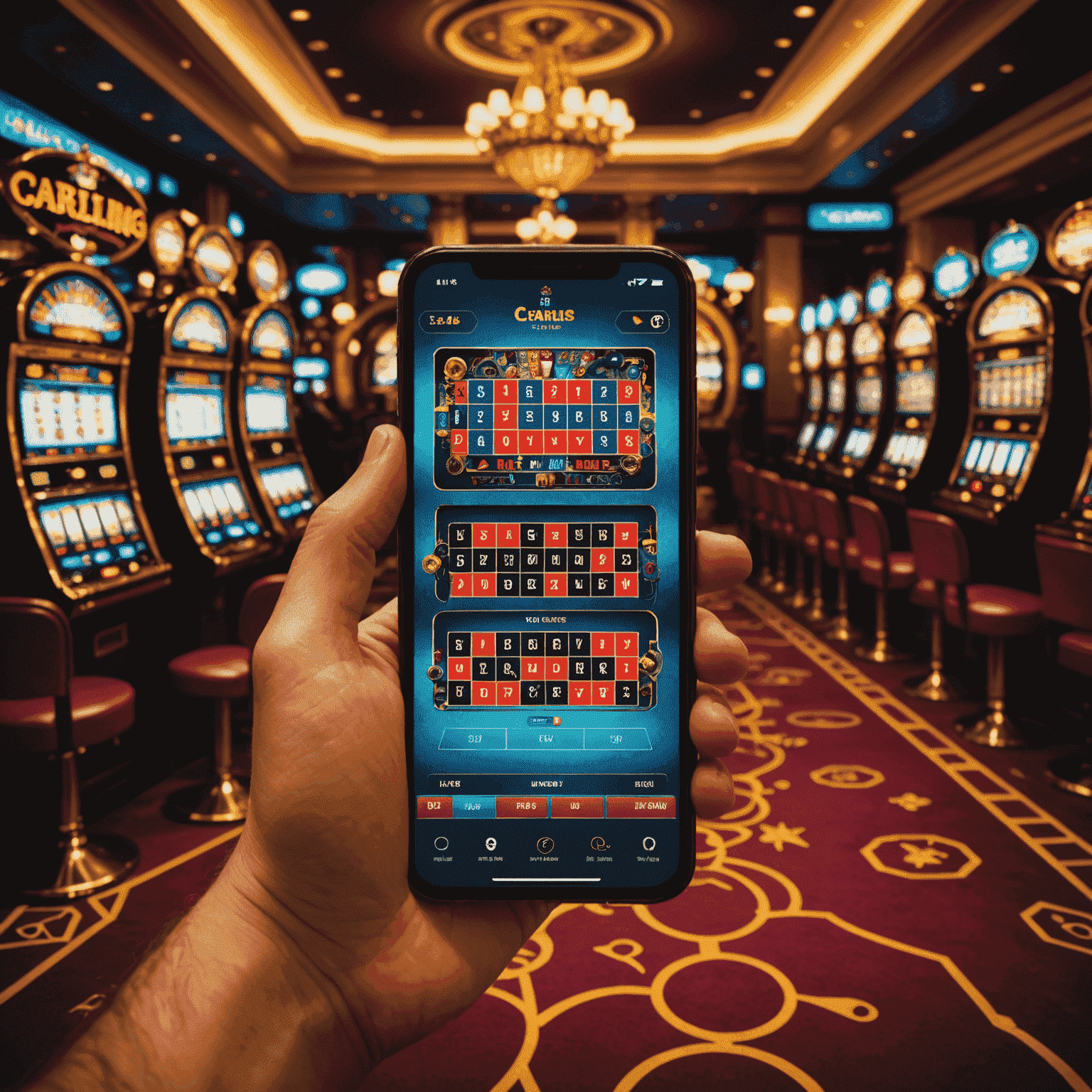 Split image showing a vibrant, colorful social casino game interface on a smartphone next to a dimly lit traditional casino interior, emphasizing the contrast between virtual and real gambling environments