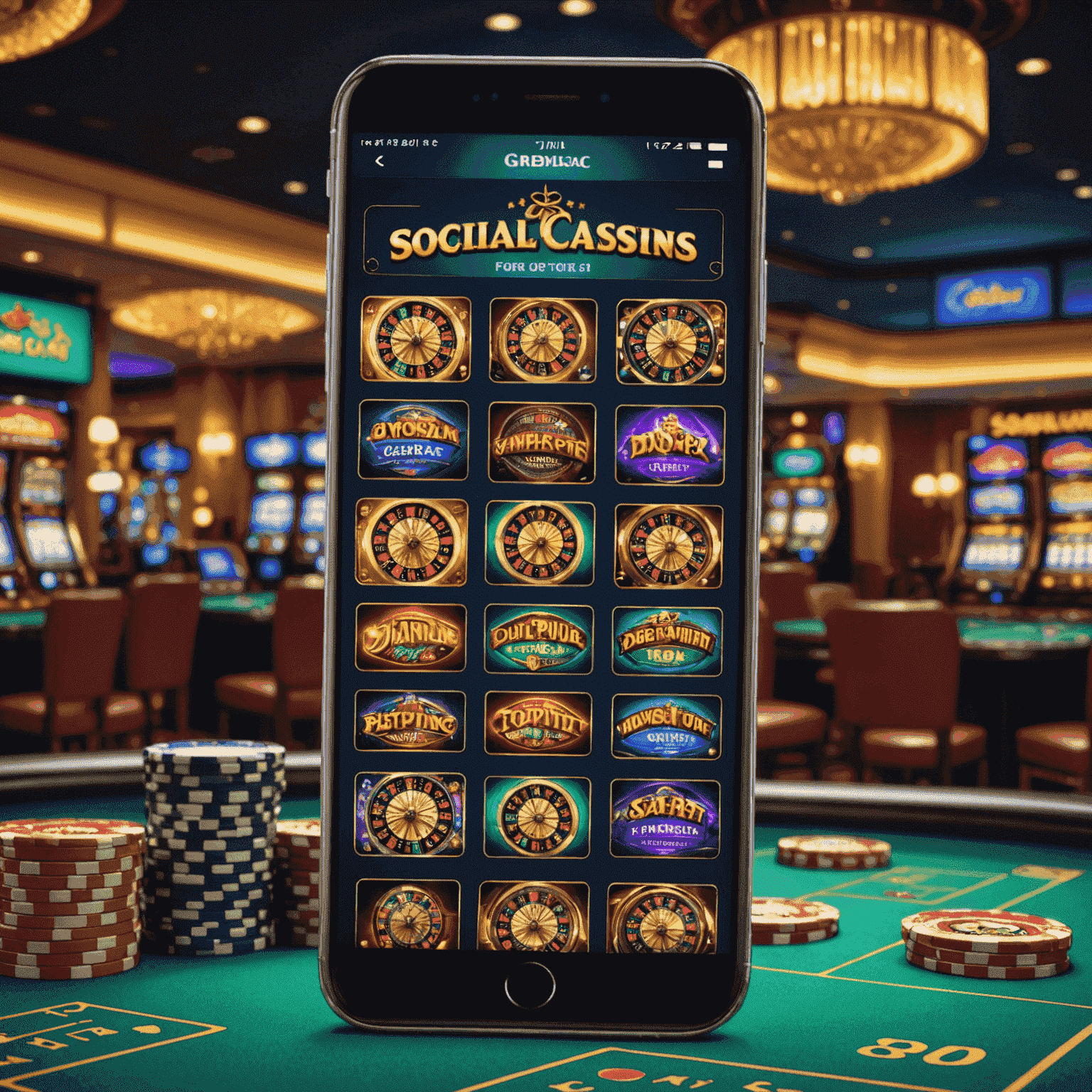 A smartphone screen showing various social casino bonus offers and free spin promotions