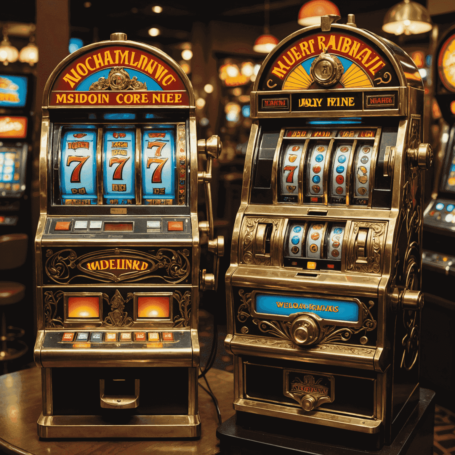 A split-screen image showing the contrast between an old-fashioned mechanical slot machine and a modern video slot interface. The mechanical side features brass fittings and a physical arm, while the digital side showcases vibrant graphics and touch controls.