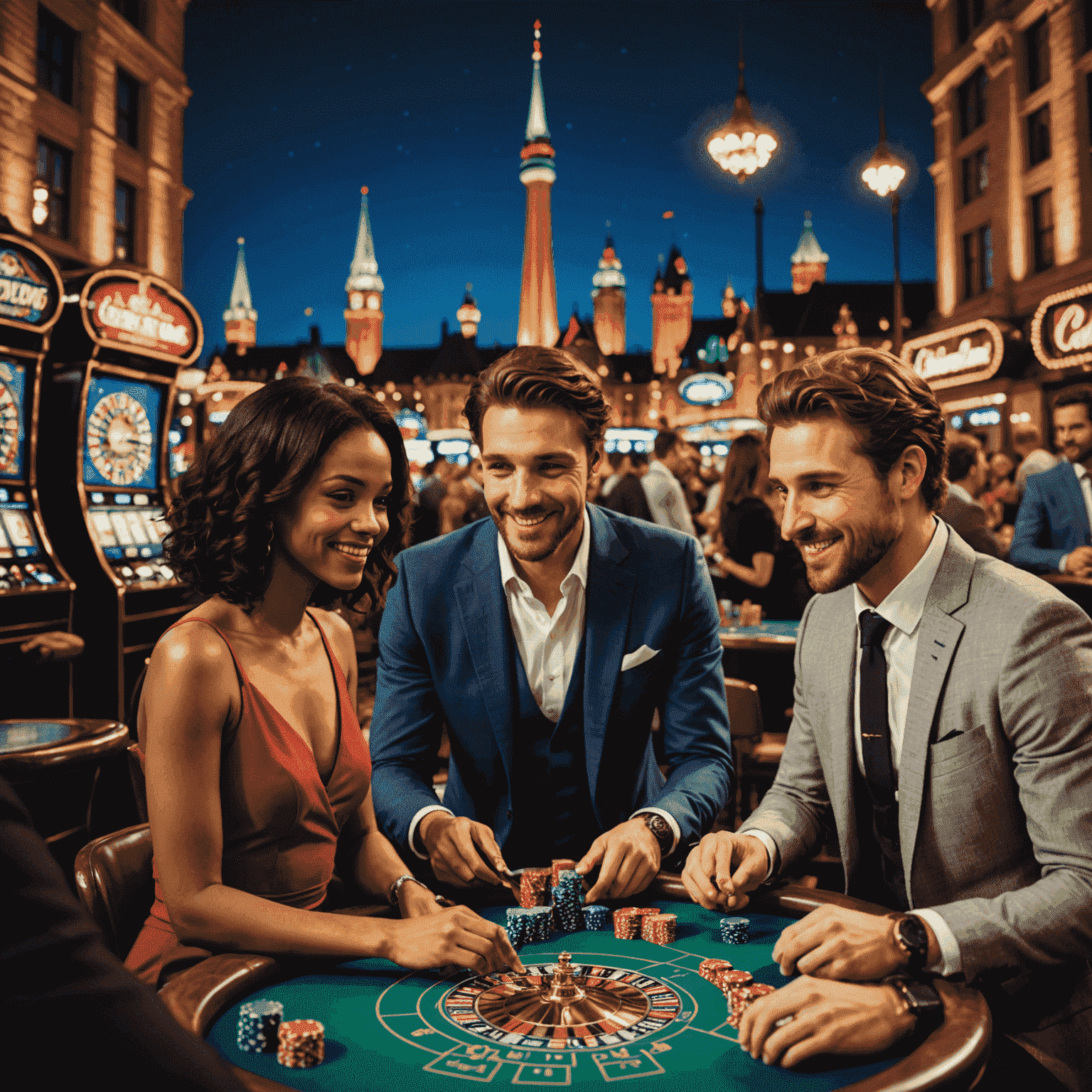 A group of diverse Canadians enjoying social casino games on their devices, with Canadian landmarks in the background