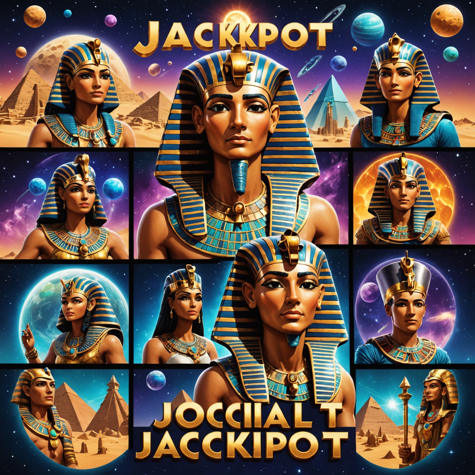 A collage of various modern jackpot game interfaces from social casinos, showcasing diverse themes such as ancient Egypt, outer space, and fantasy worlds. The image highlights interactive bonus features and vibrant graphics.