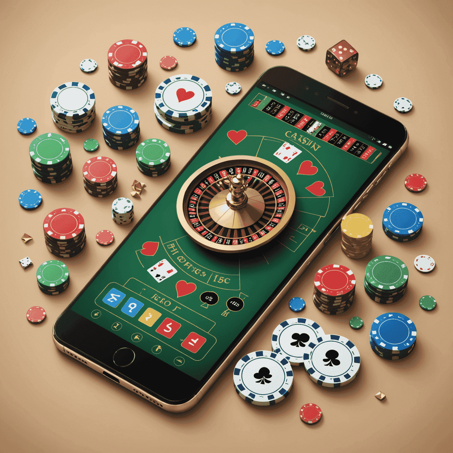 Various bonus icons and symbols floating around a smartphone displaying a social casino app